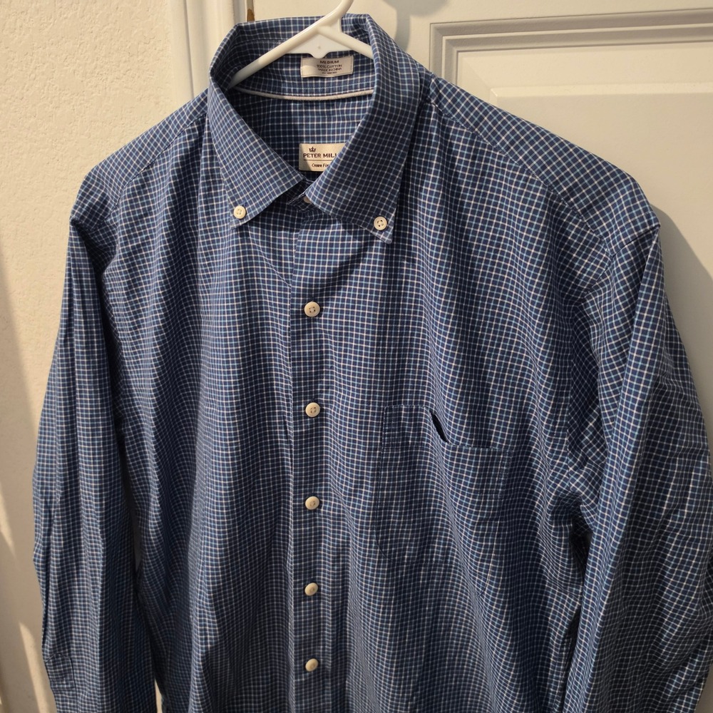 Peter Millar Crown Finish Mens Medium Blue Teal Micro Check Cotton Button Down